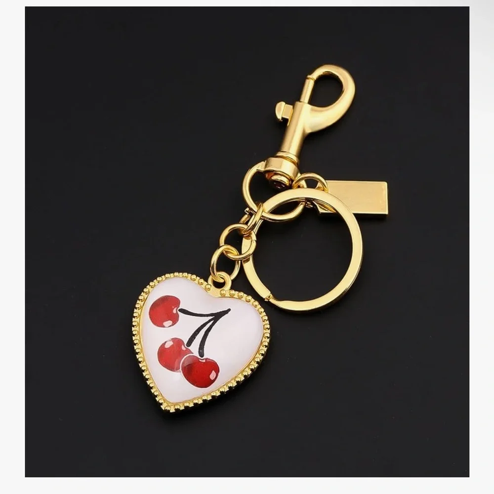 🆕 Gold Heart Cherry Keychain Charm - Women Accessories